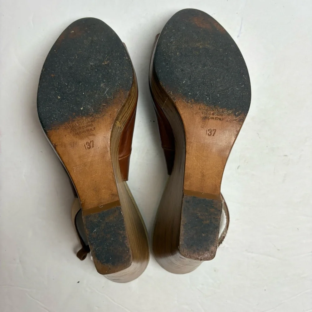 MaxMara Brown Leather Slingback Wedge Sandals Women’s size 37 6.5 Italy - Picture 8 of 10